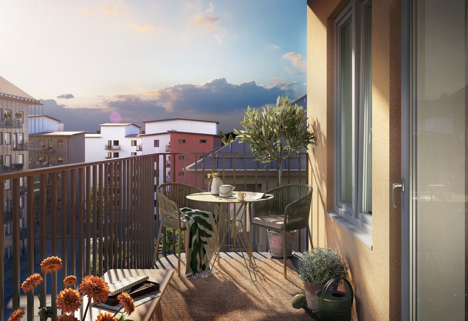 Illustration av en balkong i projektet Juno i Vega