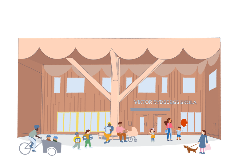 Illustration av en skola med texten "Västra Ingelstad skola" på fasaden. Utanför byggnaden rör sig människor, inklusive en person på cykel med barn i en cykelvagn, barn som leker, och vuxna som promenerar med en hund. Byggnaden har en modern design med stora fönster och trädetaljer. Stämningen är livlig och välkomnande.