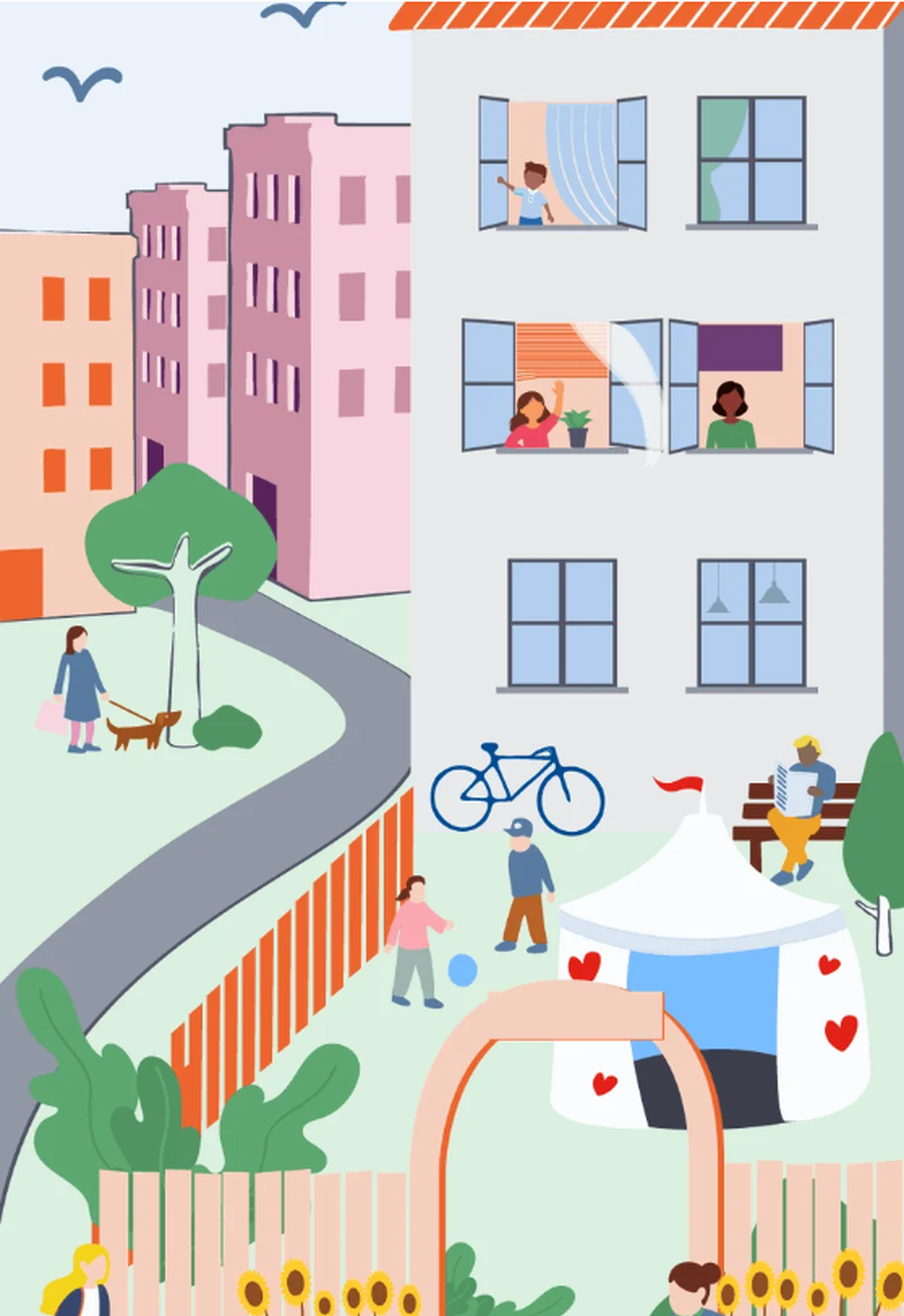 Illustration av ett bostadsområde med flerfamiljshus, öppna fönster, grönytor och människor som vistas utomhus. Några personer syns i fönstren, en person rastar en hund, barn leker på gården och en person sitter på en bänk. Bilden visar en trygg och levande boendemiljö med cykel, planteringar, träd, staket och en liten paviljong.