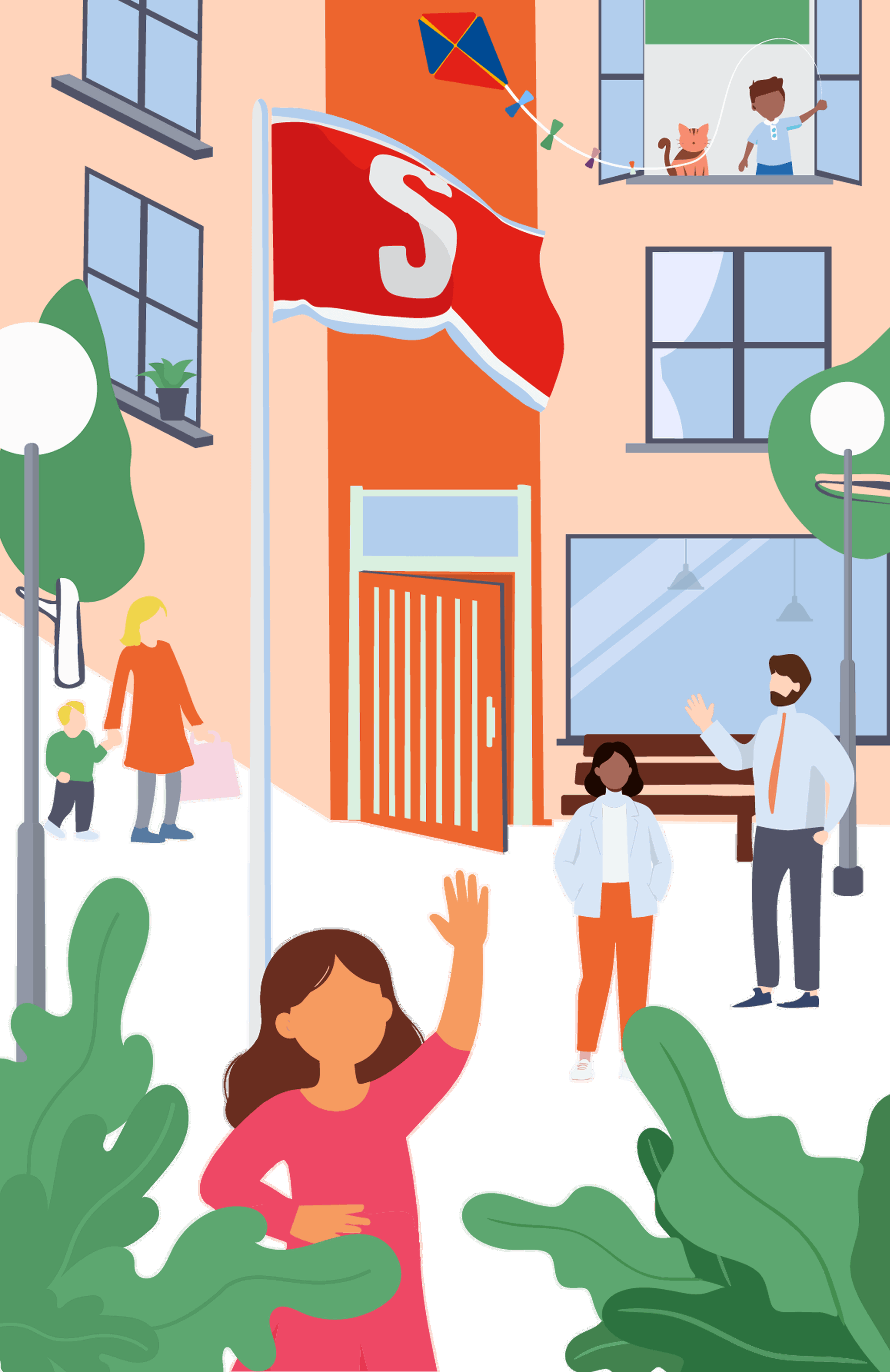 Illustration av en entré till ett bostadshus med Stena Fastigheters flagga utanför. Flera människor vistas runt huset: en person vinkar i förgrunden, två personer står vid en bänk, en vuxen och ett barn går på trottoaren och ett barn står i ett öppet fönster tillsammans med en katt och en drake. Bilden förmedlar en välkomnande och levande boendemiljö med grönska, belysning och öppna fönster.
