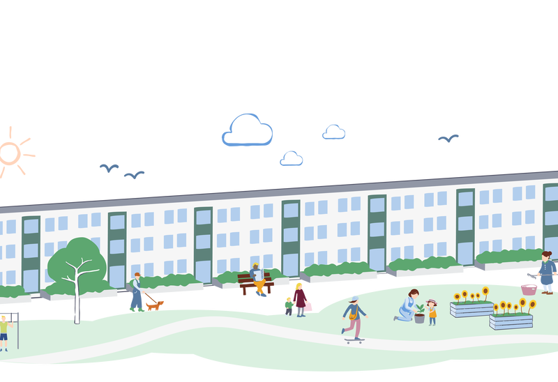 Illustration av ett bostadsområde med ett långt flerfamiljshus i bakgrunden. Framför byggnaden finns grönområden med träd, buskar och människor som promenerar, leker och umgås. Några barn gungar och andra sitter vid ett bord. Solen skiner och några moln och fåglar syns på himlen. Stämningen är lugn och gemytlig.