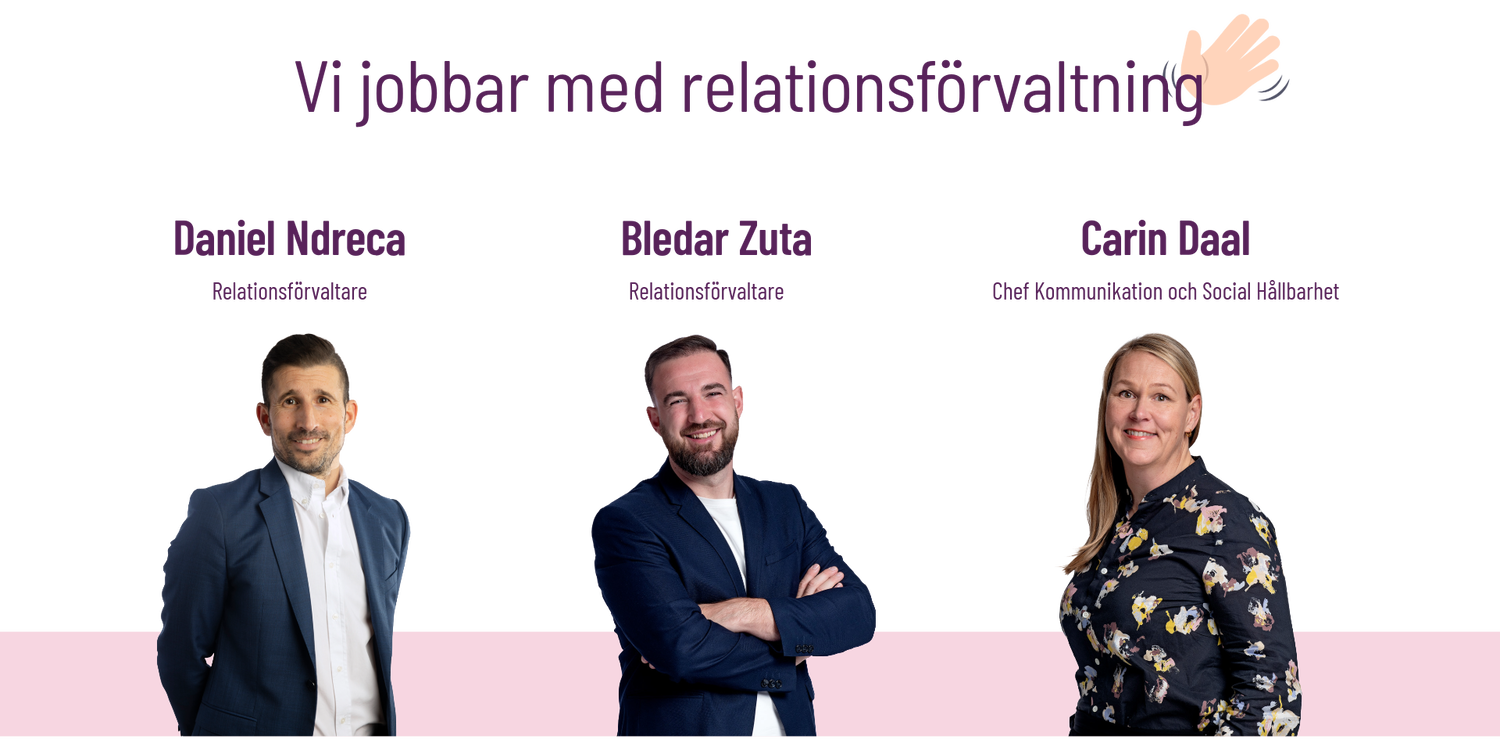 Tre medarbetare står mot en tvådelad bakgrund i grått och rosa, med rubriken ”Vi jobbar med relationsförvaltning” och en vinkande hand högst upp; under syns från vänster texten ”Daniel Ndreca – Relationsförvaltare”, i mitten ”Bledar Zuta – Relationsförvaltare” och till höger ”Carin Daal – Chef Kommunikation och Social Hållbarhet”.