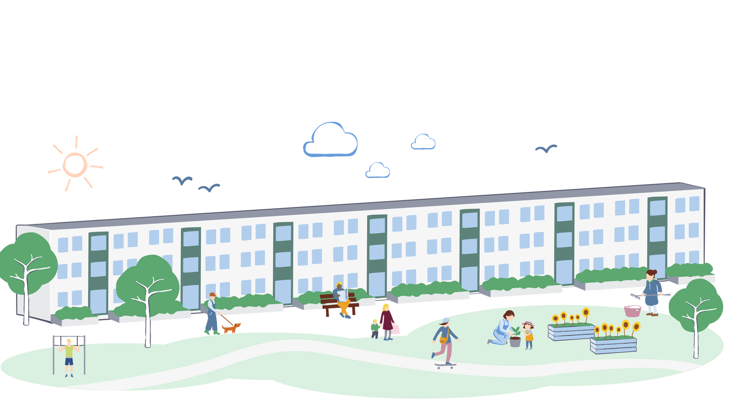 Illustration av ett bostadshus med en grön gård framför där människor promenerar, leker med barn, sitter på bänkar och odlar i pallkragar en solig dag.
