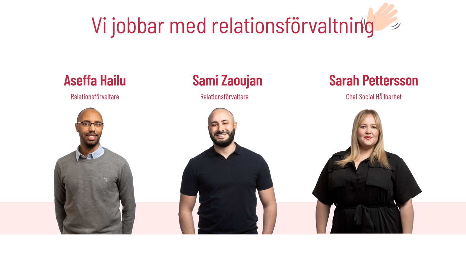 Vi jobbar med relationsförvaltning – presentationsbild av tre personer. Från vänster: Aseffa Hailu, relationsförvaltare, iklädd grå tröja och skjorta; i mitten Sami Zaoujan, relationsförvaltare, i mörk pikétröja; till höger Sarah Pettersson, Chef Social Hållbarhet, i svart klänning. Vit bakgrund med rubriken “Vi jobbar med relationsförvaltning” högst upp och en vinkande handikon.