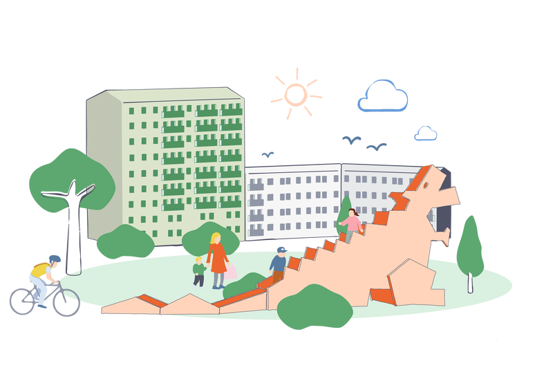 Illustration av en lekplats med en stor orange lekdrake. I bakgrunden finns flerfamiljshus och träd. En person cyklar förbi, och andra promenerar eller leker. Himlen är dekorerad med en sol, moln och fåglar. Stämningen är lekfull och trivsam.