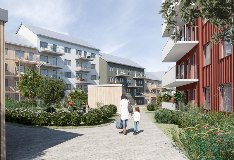 Bild på en av gårdarna som ska byggas i Kvarteret Fågelsten. En mamma håller sitt barn i handen.