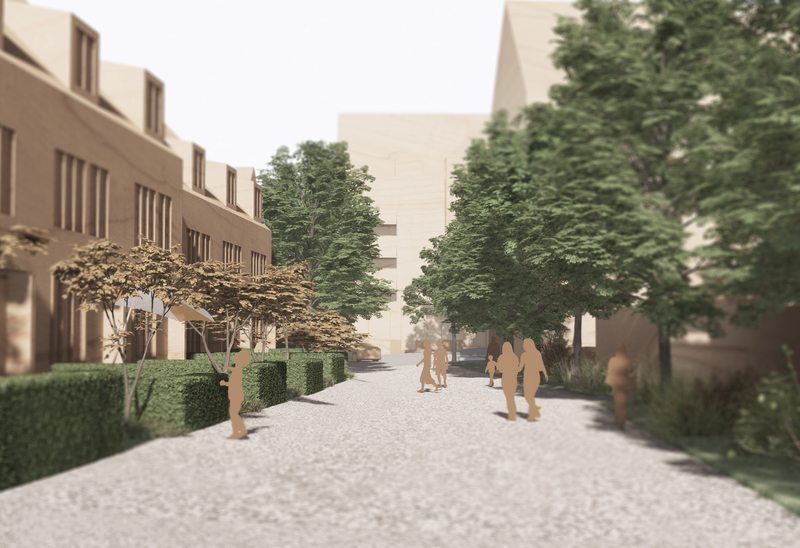 Illustration av en grön stadsmiljö med gångväg, träd, buskar och flerbostadshus, där människor rör sig genom kvarteret.