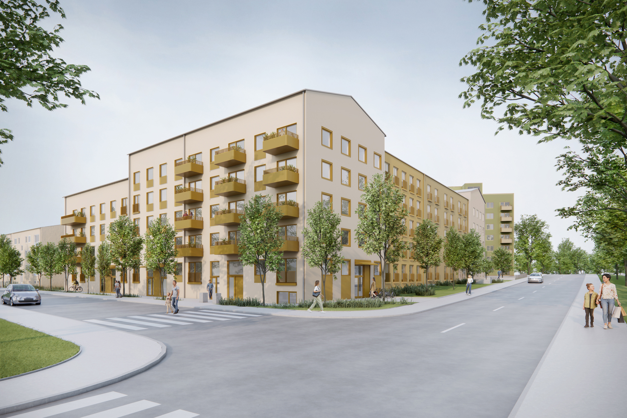 visionsbild på tänkt byggnad putsad beige fasad med gul-guldiga balkonger och fönsterdetaljer. Vy sett från gatukorsning.