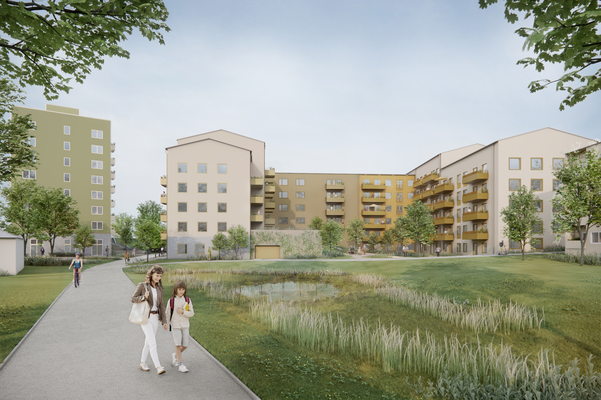 visionsbild på tänkta byggnader i bakgrund med parkmiljö i förgrund.