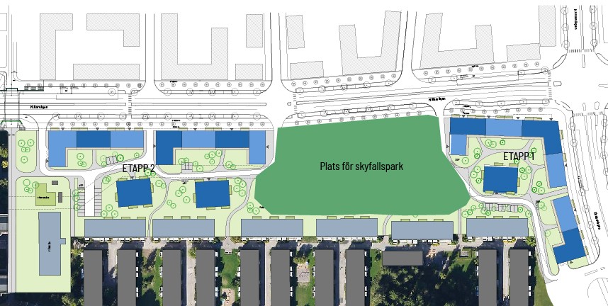 karta med inritade platser för nya byggnader