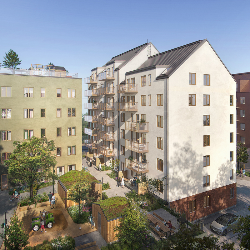 exteriör visionsbild på ljus fasad med rött tegel i bottenvåning, sedd från innegården