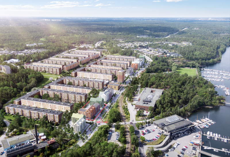 visualiserad bild med flygfoto över Fisksätra och de nya husen inritade på plats. 