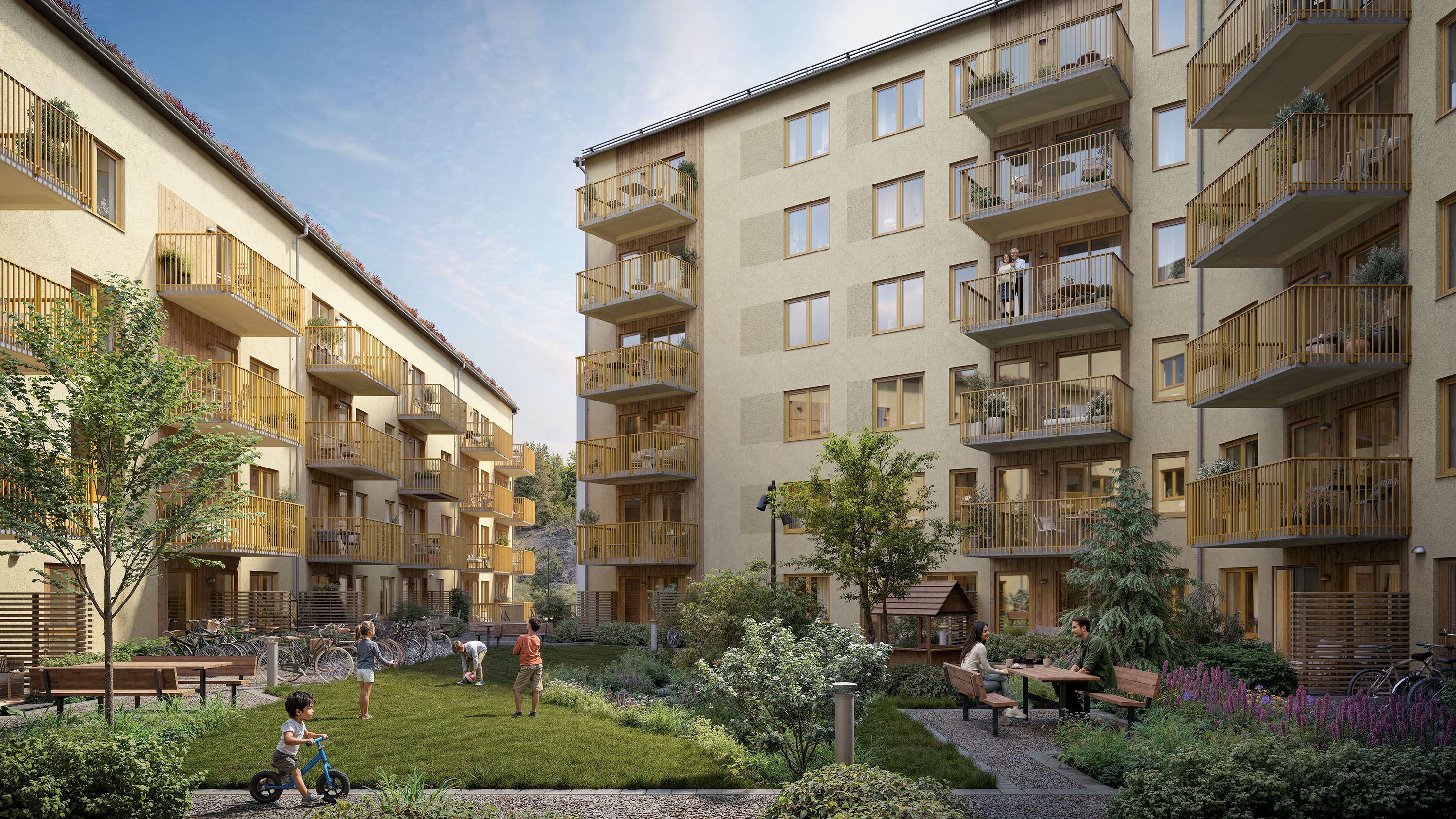 Visionsbild på projekt Atlantis i Vega på en grönskande gård med fokus på huset