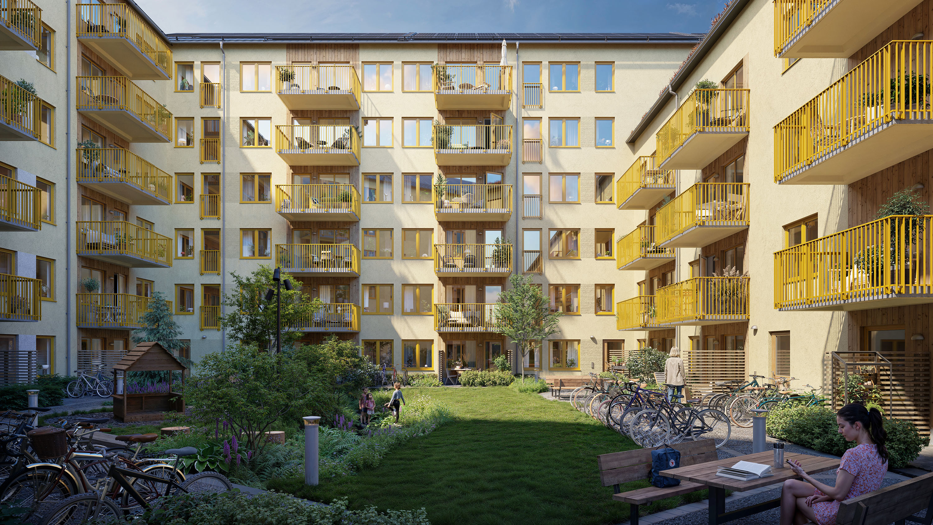 Visionsbild på projekt Atlantis i Vega på en grönskande gård med fokus på huset