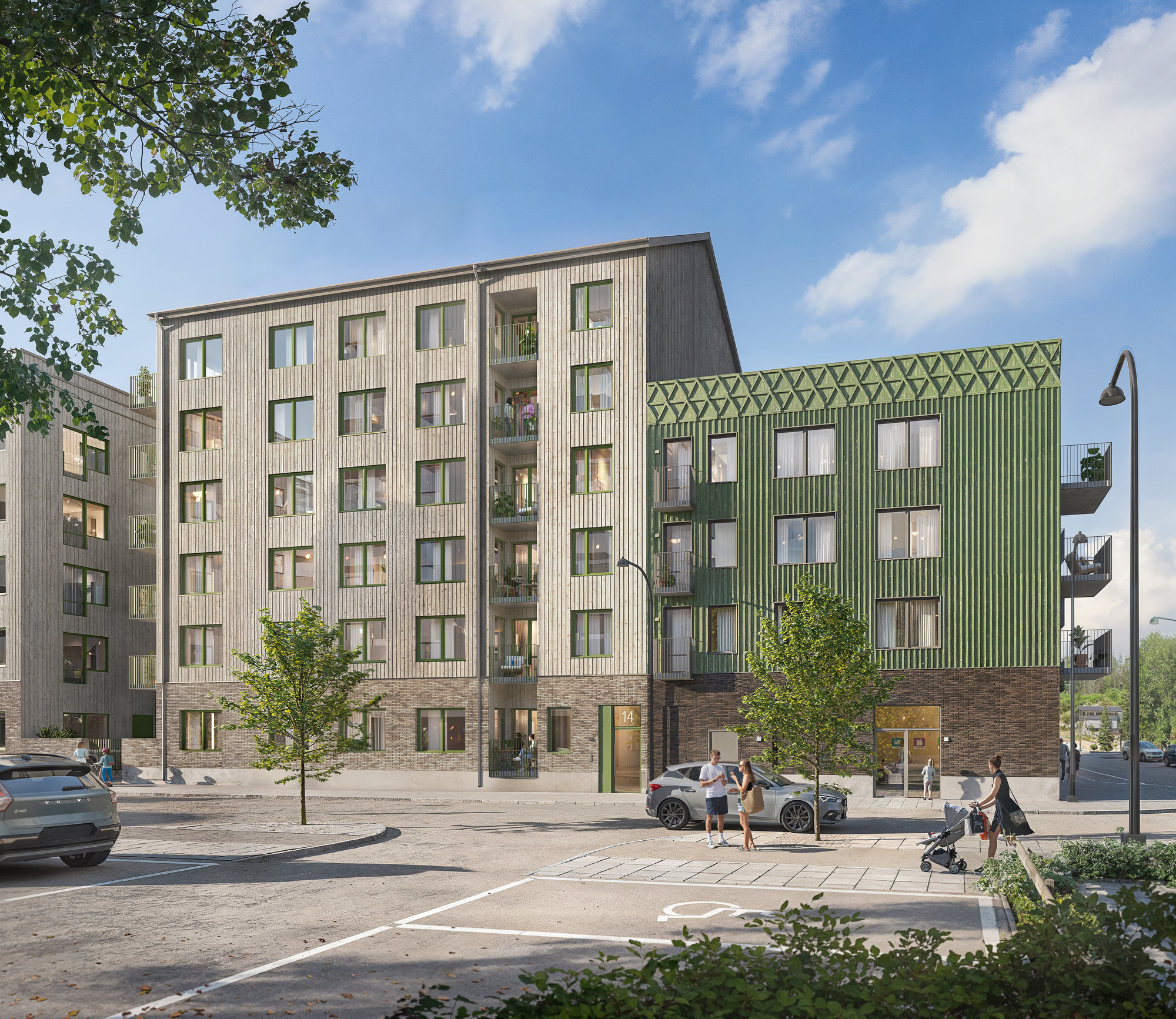 Visionsbild av modernt bostadshus med balkonger och grön fasad mot gata med bilar, träd och gående i dagsljus.