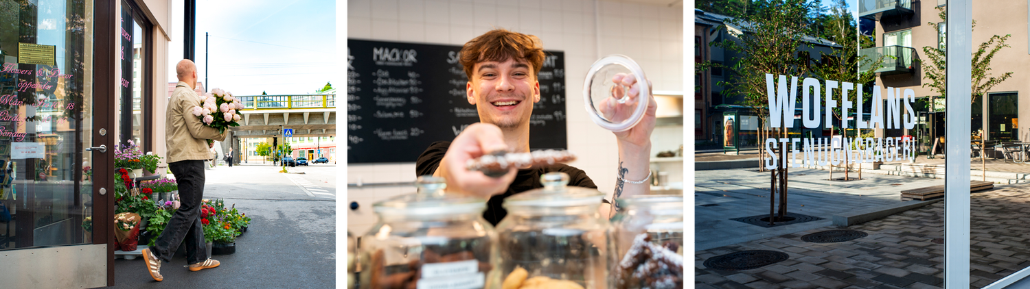 Kollage av tre bilder, bild på en man har köpt blommor, bild på en man som jobbar i café ger en kaka, bild genom fönstret in i caféet.