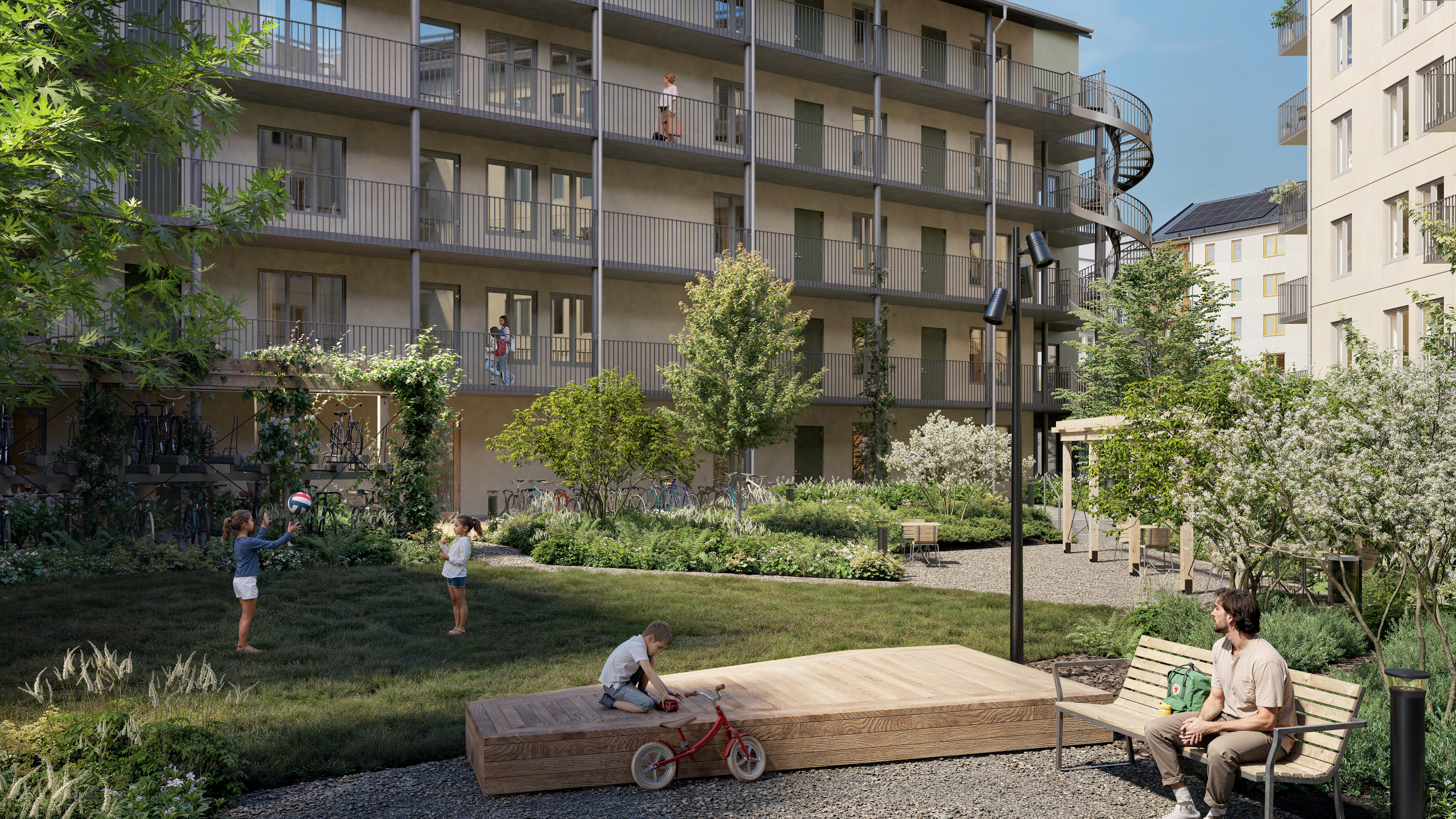 Visionsbild på gården för Mira i Vega med fokus på grönytorna