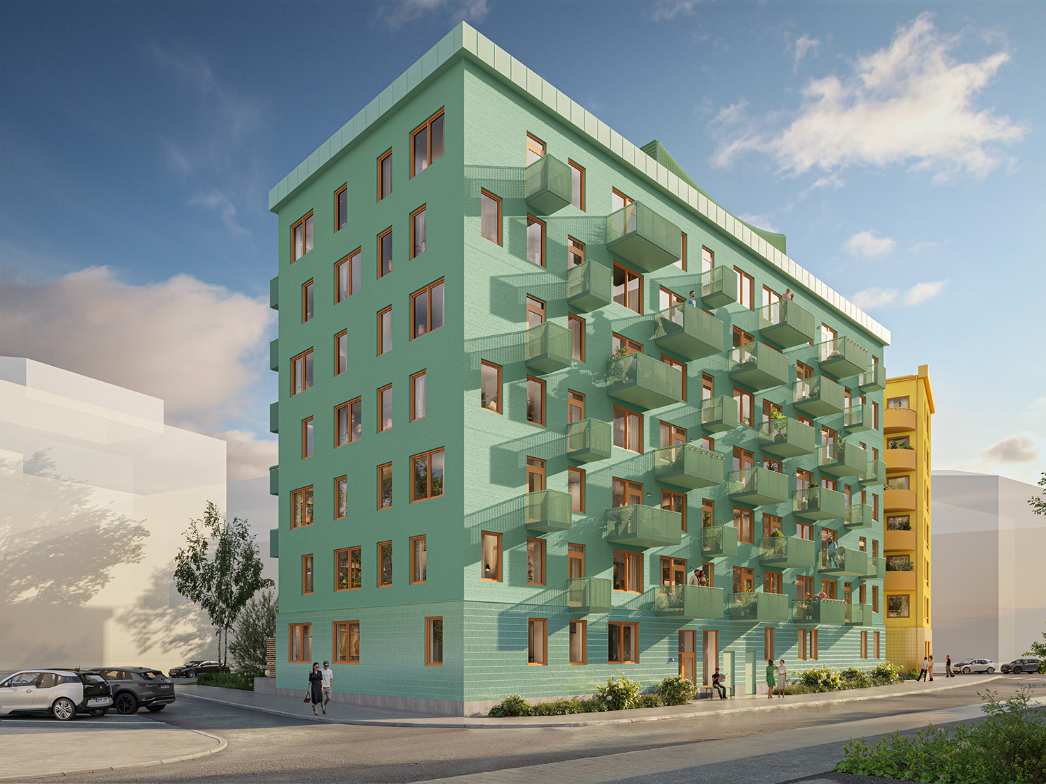 Visionsbild på nyproduktionsprojektet Stella i Vega från gatan