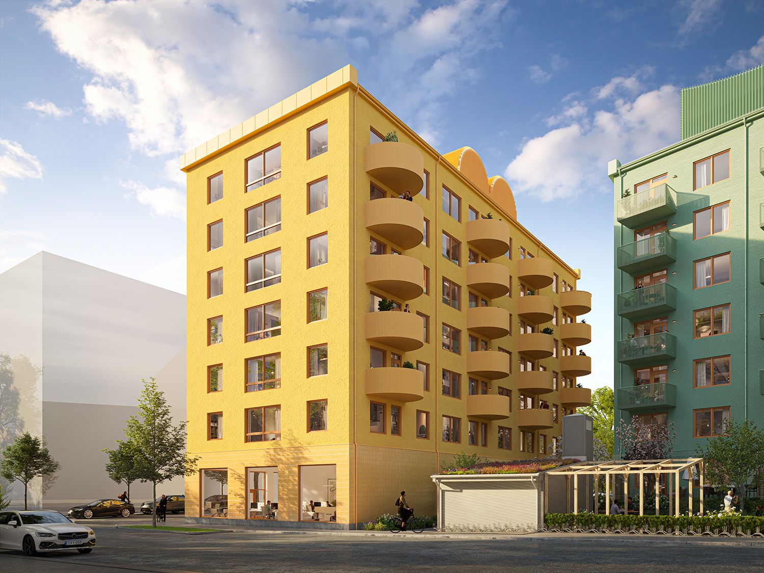 Visionsbild på nyproduktionsprojektet Stella i Vega från gatan