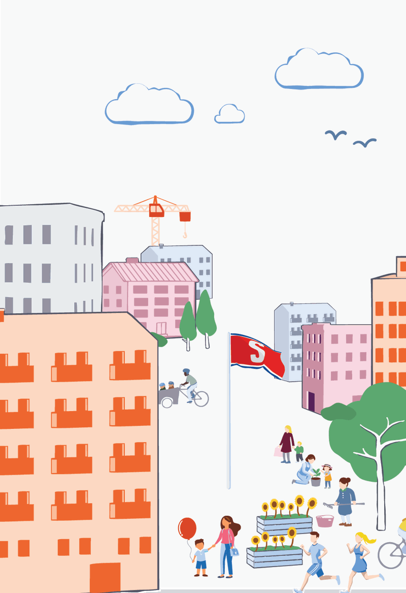 Illustration av ett levande bostadsområde med flerbostadshus, byggkran, Stena-flagga, träd och människor som cyklar, promenerar, springer och deltar i aktiviteter bland blomlådor med solrosor.